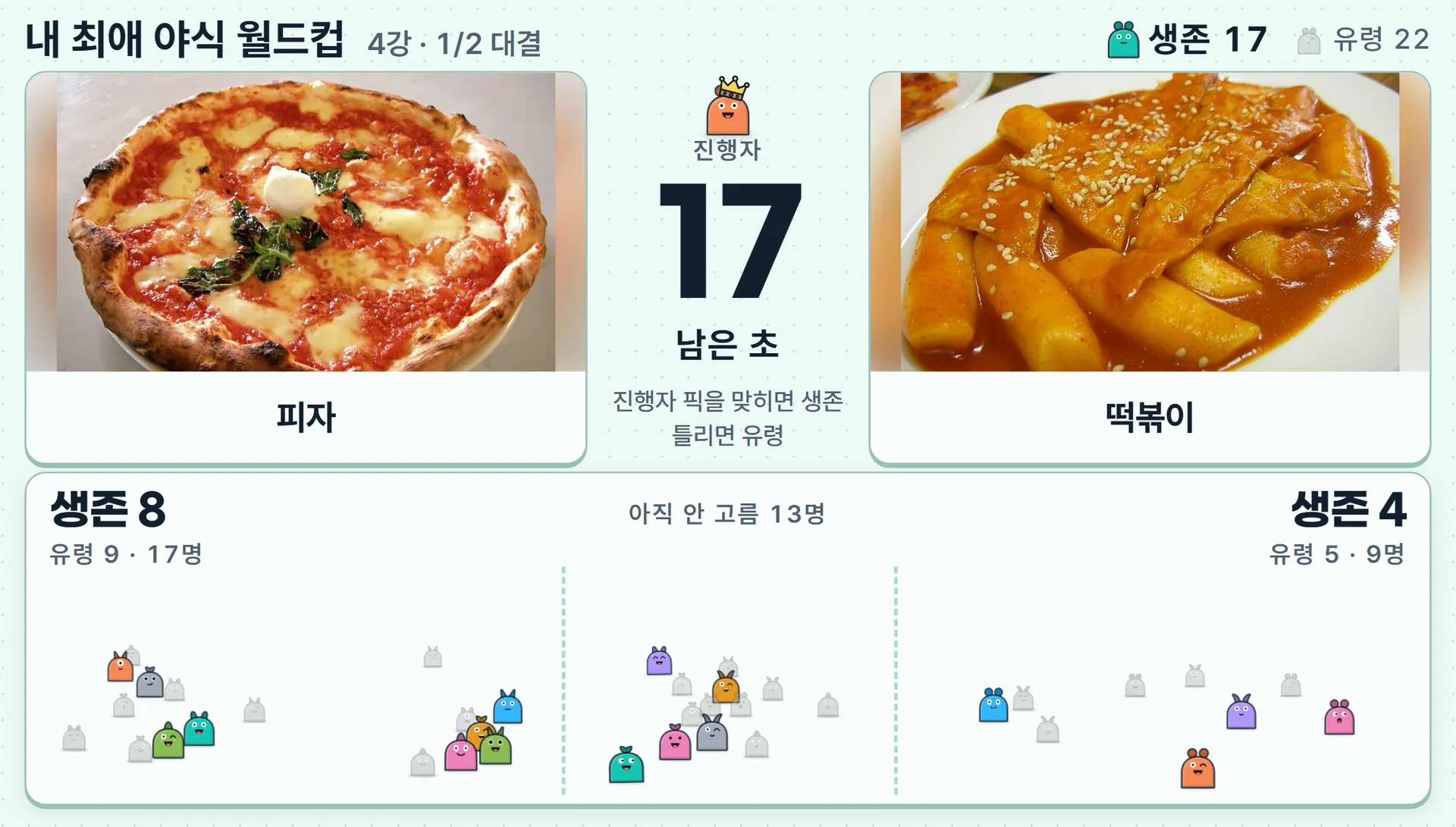 StreamCup 방송 송출 화면: 피자와 떡볶이 대결, 남은 시간과 편을 고른 시청자 수