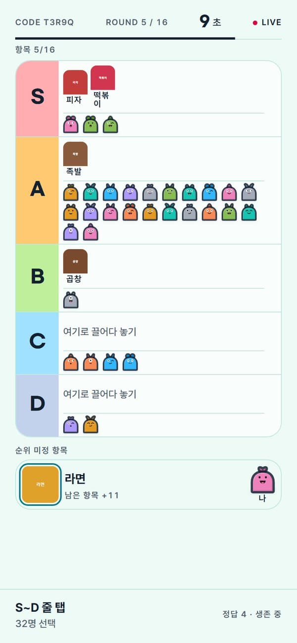 시청자 폰 화면: 티어리스트에서 S~D 줄 고르기